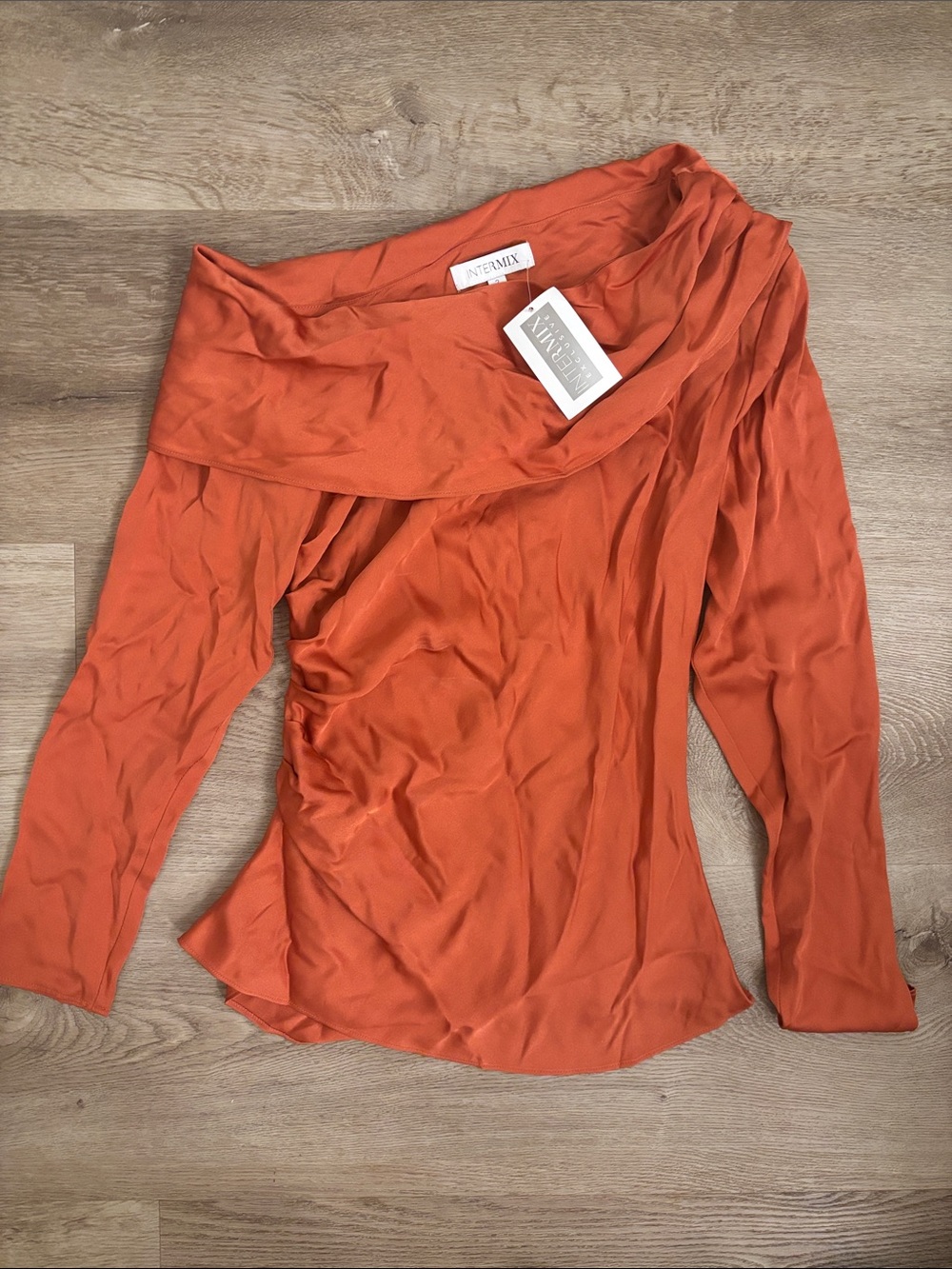 INTERMIX Rust Orange One-Shoulder Draped Long Sleeve Top